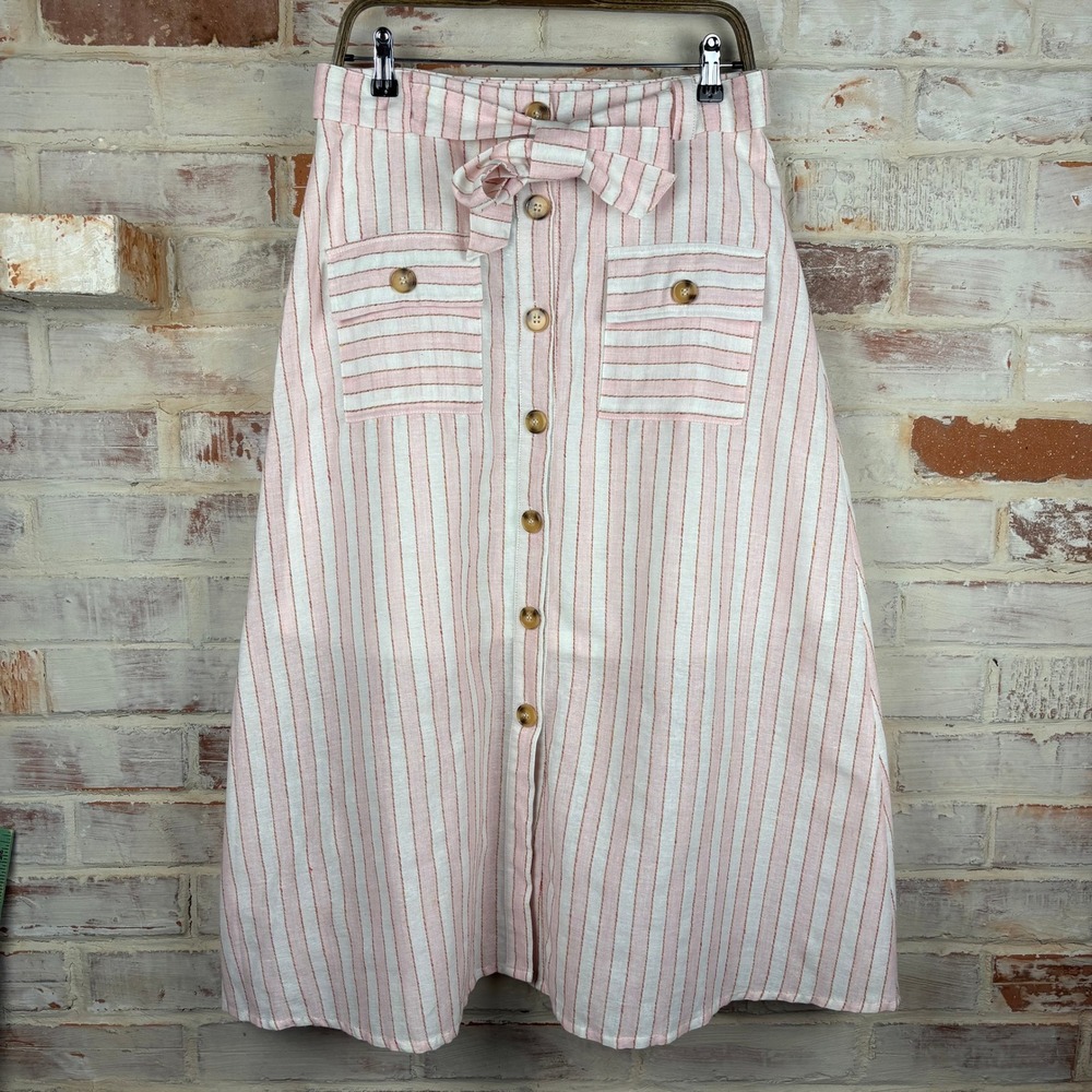 NWT Balboa Los Angeles Pink Stripe Button Front‎ Midi Skirt Cottagecore Coquette